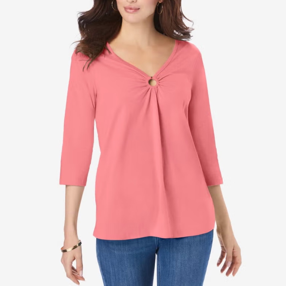 NWOT pink Roaman’s Ultimate Keyhole v neck tee 2X